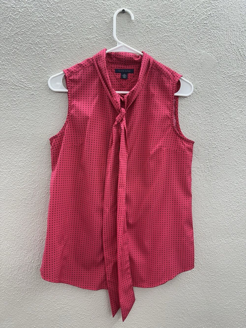 Tommy Hilfiger Womens Tank Top Size Medium Button Up Pink Polka Dotted Necktie
